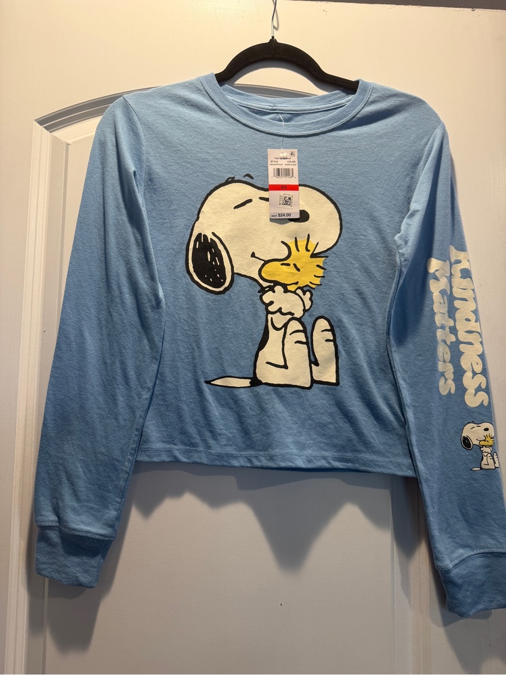 Macy’s Women’s Love Tribe Peanuts Snoopy & Woodstock Light Blue Long-Sleeve Tee.